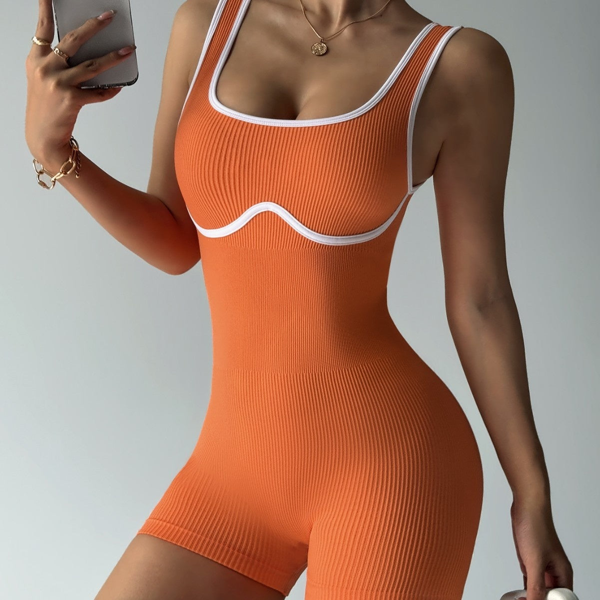 Elastic Contrast Color Yoga Jumpsuit – Seamless Tight-Fit Activewear for Women